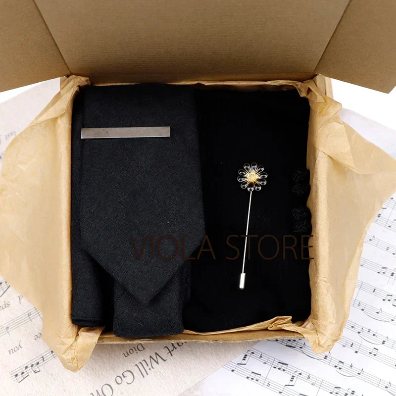 (Pack of 5) Viola Design Gift Box Solid Cotton Sock Tie Sets Clip Pin Cufflinks Hanky Colorful Men Wedding Party Daily Cravat Accessory