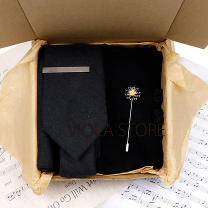 (Pack of 5) Viola Design Gift Box Solid Cotton Sock Tie Sets Clip Pin Cufflinks Hanky Colorful Men Wedding Party Daily Cravat Accessory