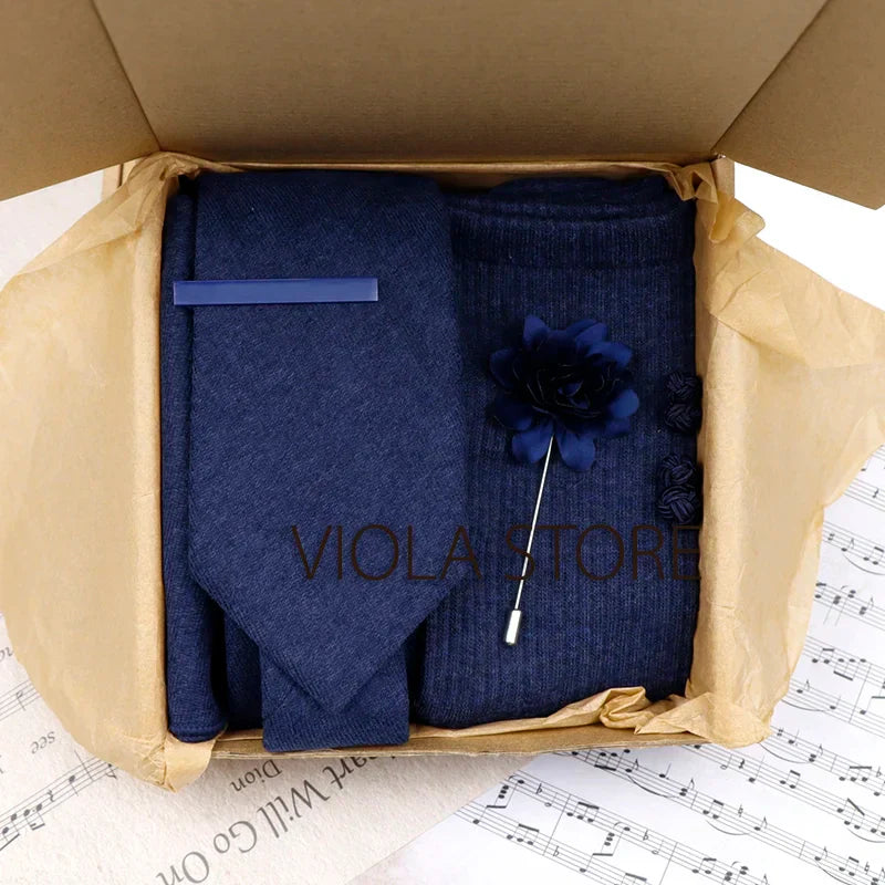 (Pack of 5) Viola Design Gift Box Solid Cotton Sock Tie Sets Clip Pin Cufflinks Hanky Colorful Men Wedding Party Daily Cravat Accessory