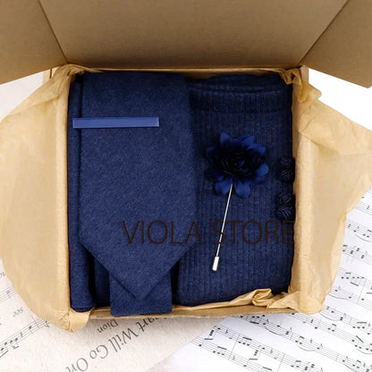 (Pack of 5) Viola Design Gift Box Solid Cotton Sock Tie Sets Clip Pin Cufflinks Hanky Colorful Men Wedding Party Daily Cravat Accessory