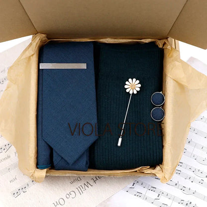 (Pack of 5) Viola Design Gift Box Solid Cotton Sock Tie Sets Clip Pin Cufflinks Hanky Colorful Men Wedding Party Daily Cravat Accessory