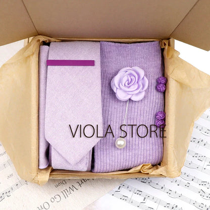 (Pack of 5) Viola Design Gift Box Solid Cotton Sock Tie Sets Clip Pin Cufflinks Hanky Colorful Men Wedding Party Daily Cravat Accessory