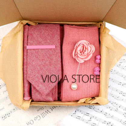 (Pack of 5) Viola Design Gift Box Solid Cotton Sock Tie Sets Clip Pin Cufflinks Hanky Colorful Men Wedding Party Daily Cravat Accessory