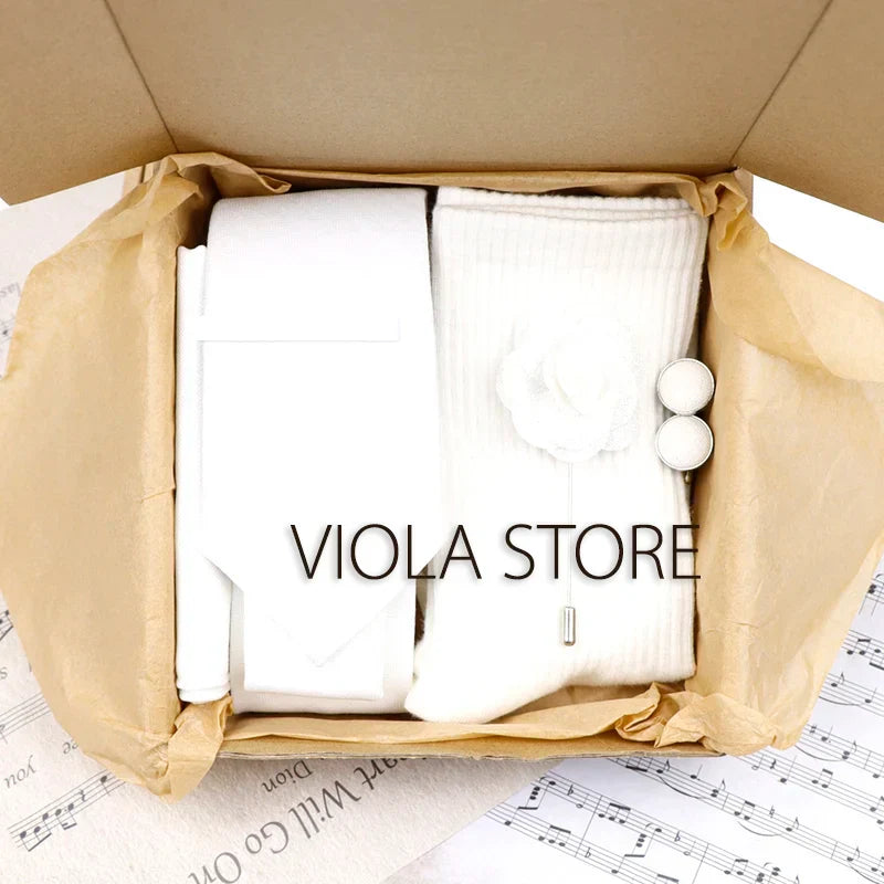(Pack of 5) Viola Design Gift Box Solid Cotton Sock Tie Sets Clip Pin Cufflinks Hanky Colorful Men Wedding Party Daily Cravat Accessory