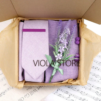 (Pack of 5) Viola Design Gift Box Solid Cotton Sock Tie Sets Clip Pin Cufflinks Hanky Colorful Men Wedding Party Daily Cravat Accessory