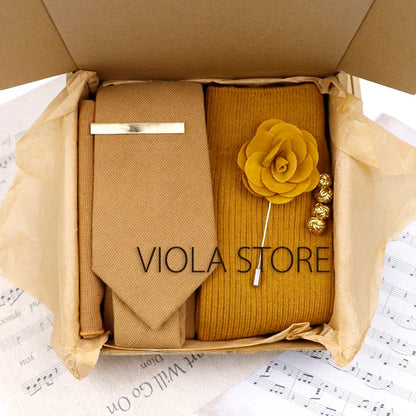 (Pack of 5) Viola Design Gift Box Solid Cotton Sock Tie Sets Clip Pin Cufflinks Hanky Colorful Men Wedding Party Daily Cravat Accessory