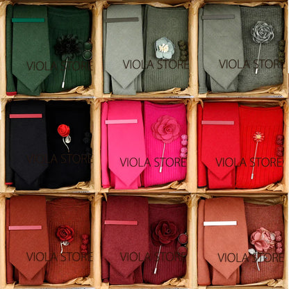 (Pack of 5) Viola Design Gift Box Solid Cotton Sock Tie Sets Clip Pin Cufflinks Hanky Colorful Men Wedding Party Daily Cravat Accessory