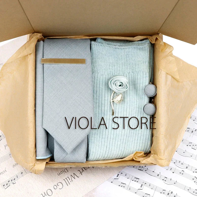 (Pack of 5) Viola Design Gift Box Solid Cotton Sock Tie Sets Clip Pin Cufflinks Hanky Colorful Men Wedding Party Daily Cravat Accessory