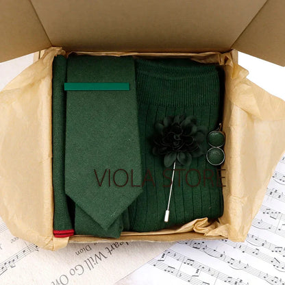 (Pack of 5) Viola Design Gift Box Solid Cotton Sock Tie Sets Clip Pin Cufflinks Hanky Colorful Men Wedding Party Daily Cravat Accessory
