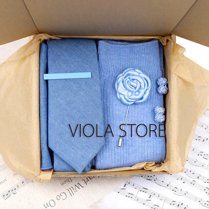 (Pack of 5) Viola Design Gift Box Solid Cotton Sock Tie Sets Clip Pin Cufflinks Hanky Colorful Men Wedding Party Daily Cravat Accessory