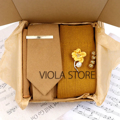 (Pack of 5) Viola Design Gift Box Solid Cotton Sock Tie Sets Clip Pin Cufflinks Hanky Colorful Men Wedding Party Daily Cravat Accessory