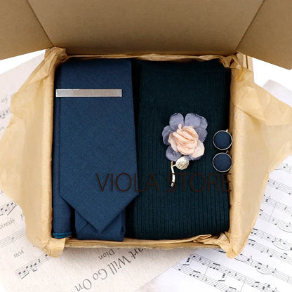 (Pack of 5) Viola Design Gift Box Solid Cotton Sock Tie Sets Clip Pin Cufflinks Hanky Colorful Men Wedding Party Daily Cravat Accessory