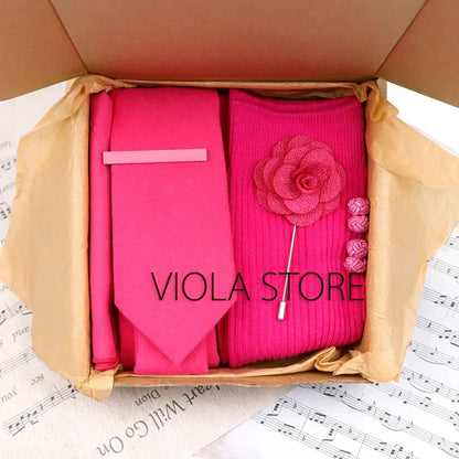 (Pack of 5) Viola Design Gift Box Solid Cotton Sock Tie Sets Clip Pin Cufflinks Hanky Colorful Men Wedding Party Daily Cravat Accessory