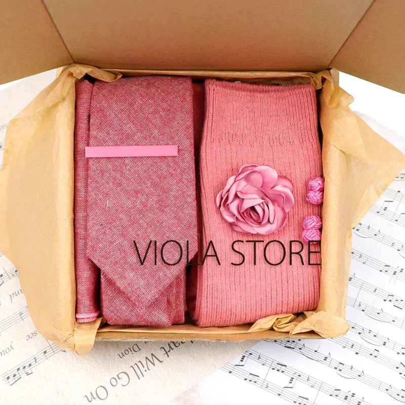 (Pack of 5) Viola Design Gift Box Solid Cotton Sock Tie Sets Clip Pin Cufflinks Hanky Colorful Men Wedding Party Daily Cravat Accessory