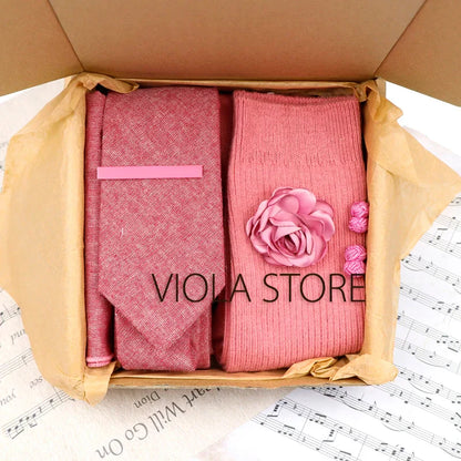 (Pack of 5) Viola Design Gift Box Solid Cotton Sock Tie Sets Clip Pin Cufflinks Hanky Colorful Men Wedding Party Daily Cravat Accessory
