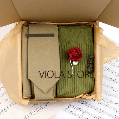 (Pack of 5) Viola Design Gift Box Solid Cotton Sock Tie Sets Clip Pin Cufflinks Hanky Colorful Men Wedding Party Daily Cravat Accessory