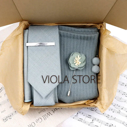 (Pack of 5) Viola Design Gift Box Solid Cotton Sock Tie Sets Clip Pin Cufflinks Hanky Colorful Men Wedding Party Daily Cravat Accessory