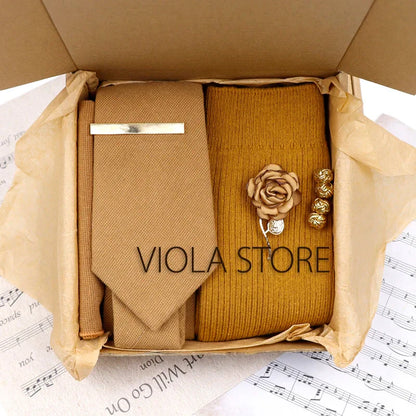 (Pack of 5) Viola Design Gift Box Solid Cotton Sock Tie Sets Clip Pin Cufflinks Hanky Colorful Men Wedding Party Daily Cravat Accessory