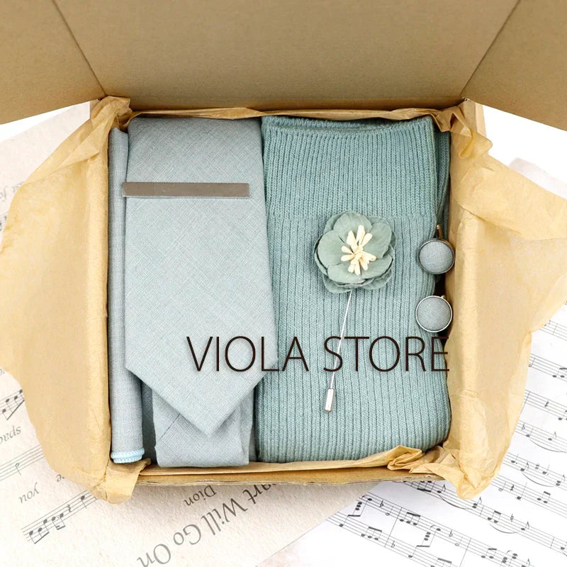 (Pack of 5) Viola Design Gift Box Solid Cotton Sock Tie Sets Clip Pin Cufflinks Hanky Colorful Men Wedding Party Daily Cravat Accessory