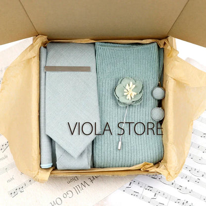 (Pack of 5) Viola Design Gift Box Solid Cotton Sock Tie Sets Clip Pin Cufflinks Hanky Colorful Men Wedding Party Daily Cravat Accessory