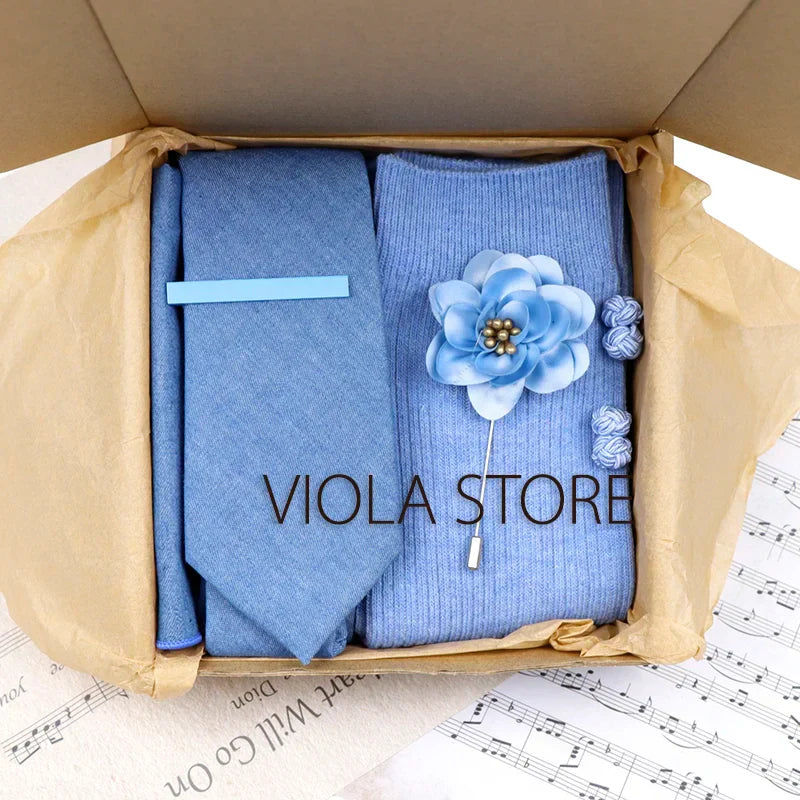 (Pack of 5) Viola Design Gift Box Solid Cotton Sock Tie Sets Clip Pin Cufflinks Hanky Colorful Men Wedding Party Daily Cravat Accessory