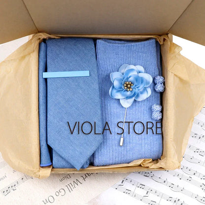 (Pack of 5) Viola Design Gift Box Solid Cotton Sock Tie Sets Clip Pin Cufflinks Hanky Colorful Men Wedding Party Daily Cravat Accessory