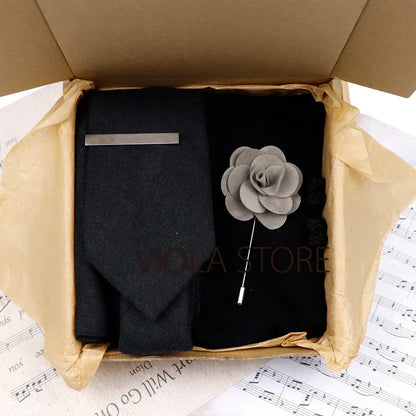 (Pack of 5) Viola Design Gift Box Solid Cotton Sock Tie Sets Clip Pin Cufflinks Hanky Colorful Men Wedding Party Daily Cravat Accessory