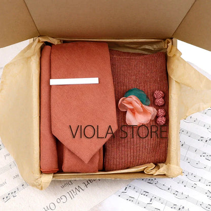 (Pack of 5) Viola Design Gift Box Solid Cotton Sock Tie Sets Clip Pin Cufflinks Hanky Colorful Men Wedding Party Daily Cravat Accessory