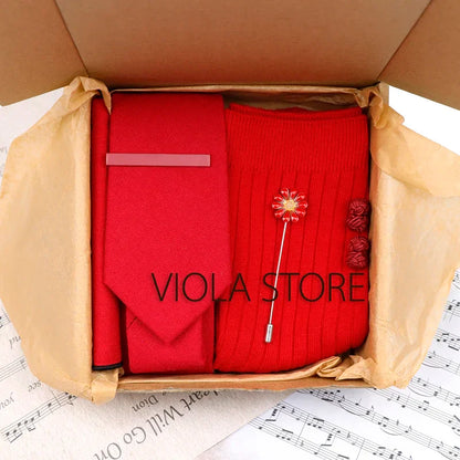 (Pack of 5) Viola Design Gift Box Solid Cotton Sock Tie Sets Clip Pin Cufflinks Hanky Colorful Men Wedding Party Daily Cravat Accessory