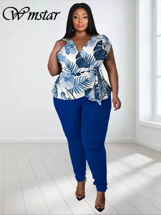 Wmstar Plus Size Two Piece Outfits Pants Sets Women Summer Clothes Printed Top Solid Leggings Matching Wholesale Dropshipping