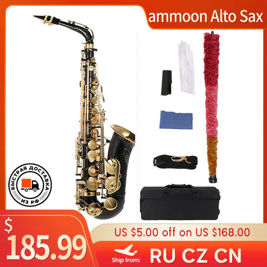 Ammoon Eb Alto Saxophone Brass Lacquered Gold Lacquer E Flat Sax 82ZKey Type Woodwind Instrument Bb Soprano Sax with Accessories