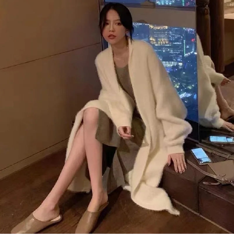 White Long Cardigan for women 2024 winter clothes Knitted fluffy long sleeve Cashmere sweater coat clotkorean style warm vintage