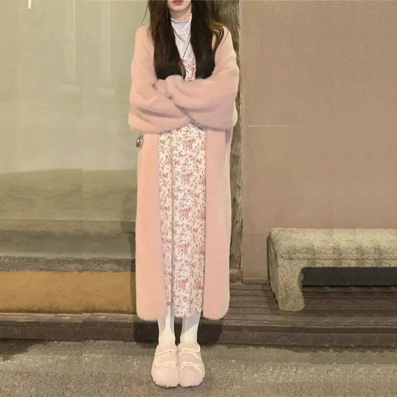 White Long Cardigan for women 2024 winter clothes Knitted fluffy long sleeve Cashmere sweater coat clotkorean style warm vintage