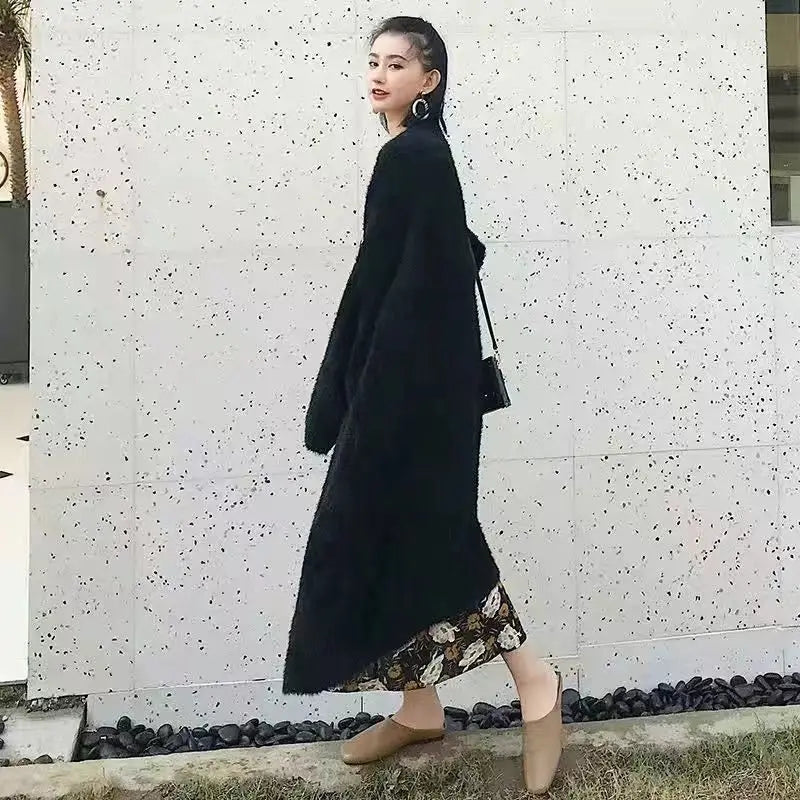 White Long Cardigan for women 2024 winter clothes Knitted fluffy long sleeve Cashmere sweater coat clotkorean style warm vintage