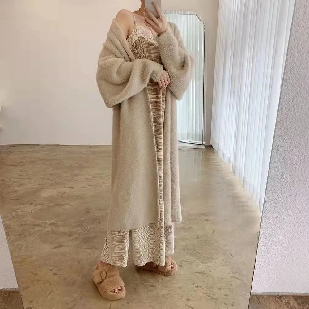 White Long Cardigan for women 2024 winter clothes Knitted fluffy long sleeve Cashmere sweater coat clotkorean style warm vintage