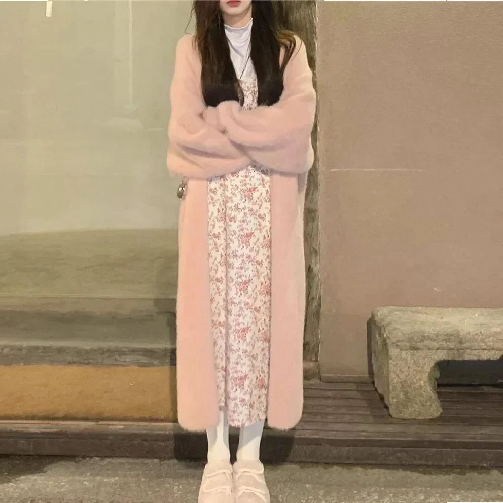White Long Cardigan for women 2024 winter clothes Knitted fluffy long sleeve Cashmere sweater coat clotkorean style warm vintage