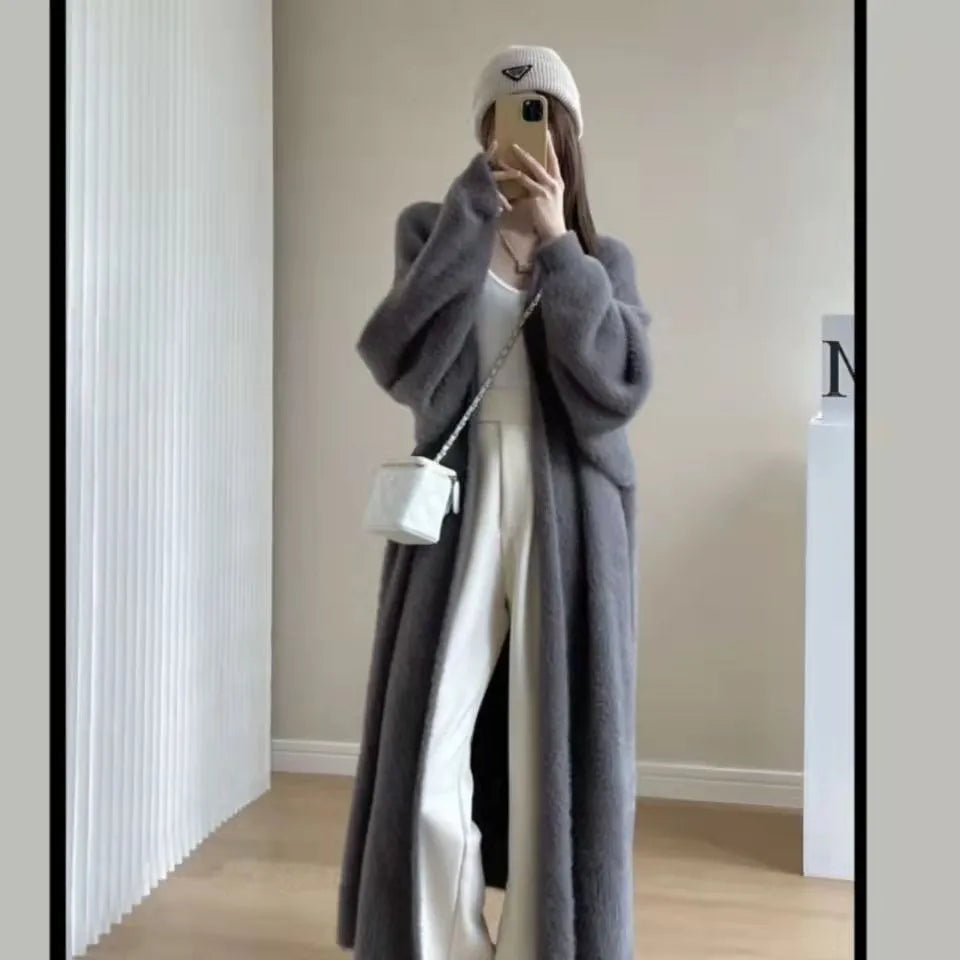 White Long Cardigan for women 2024 winter clothes Knitted fluffy long sleeve Cashmere sweater coat clotkorean style warm vintage